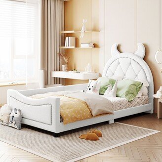 Joliwing Twin Size Kid Bed,Upholstered Cow Shaped Platform Bed,White