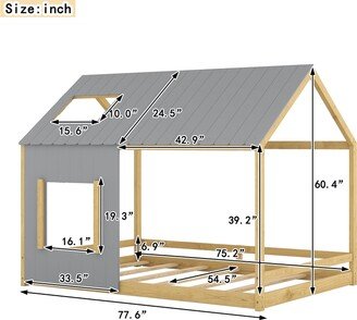 RASOO Full Size House Bed Kids Beds Modern Wood Big Twin Bed with Roof and Window-AA