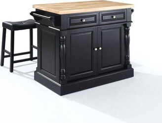 Oxford Kitchen Island with 2 Upholstered Saddle Stools Black