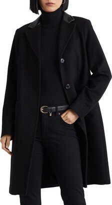 Faux Leather Trim Wool Blend Longline Coat