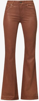 Womens Cognac Luxe Coating Genevieve Coated Flared-leg Stretch-denim Jeans