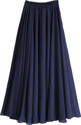 aromm Women's A-Line Full or Ankle Length Elastic Waist Pleated Fairy Chiffon Long Skirt Navy Blue