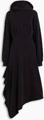 Asymmetric pleated cotton-fleece hooded maxi dress