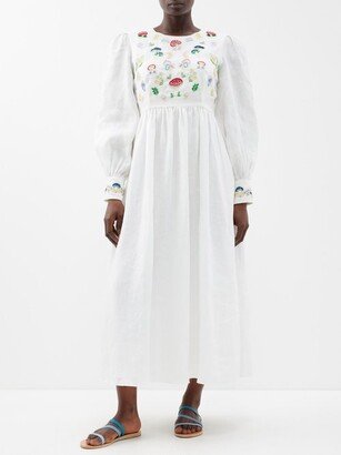 Emma Mushroom-embroidered Linen Midi Dress