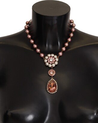 Gold Tone Brass Pink Beaded Pearls Crystal Pendant Women's Necklace