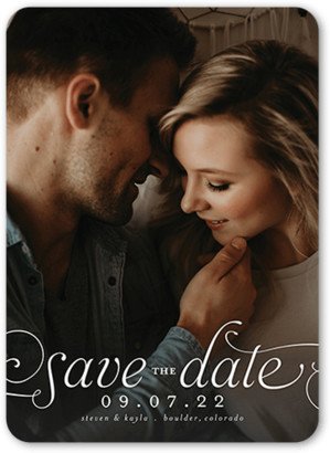 Save The Date Cards: Romantic Flourish Save The Date, White, 5X7, Pearl Shimmer Cardstock, Rounded