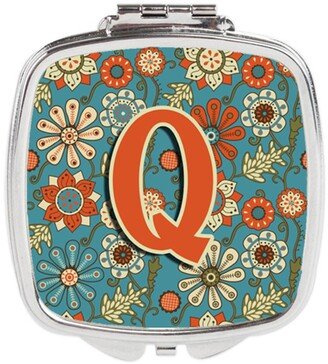 CJ2012-QSCM Letter Q Flowers Retro Blue Compact Mirror