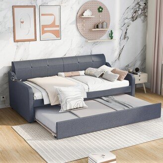 IGEMAN Twin Size Upholstery DayBed with Trundle & USB Charging Design, Trundle Can be Flat or Erected