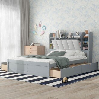 TONWIN Queen Size Platform Bed with Storage Headboard and 4 Drawers