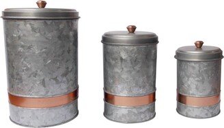 Galvanized Metal Lidded Canister With Copper Band, Set of Three - 12 H x 7.25 W x 7.25 L Inches