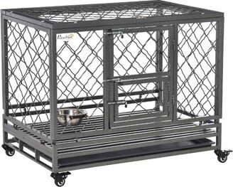 Heavy Duty Dog Crate Metal Kennel and Cage Dog Playpen with Lockable Wheels, Slide-out Tray, Food Bowl and Double Doors