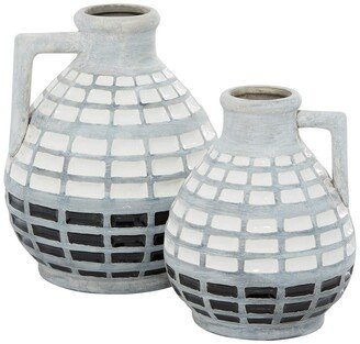 GINGER BIRCH STUDIO Gray Ceramic Handmade Vase with Grid Patterns - Set of 1