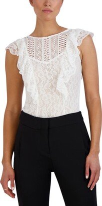 womens Sleeveless Stretch Lace Ruffle Fitted Bodycon Bodysuit