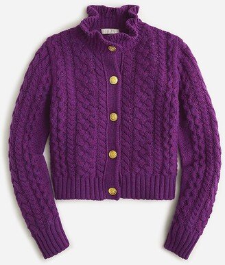 Cable-knit ruffleneck cardigan sweater