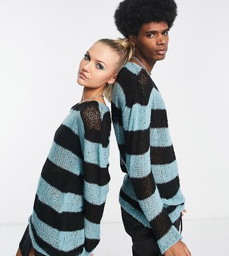Unisex knit open stitch striped sweater in black and blue