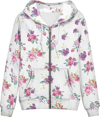 Garronmavis Watercolor Peony Women's Zip Long Sleeve Sweatshirt Floral Art Casual Drawstring Jacket Flowers Painting Drop Shoulder Full Zip Up Hoodie Size XS-5XL - L