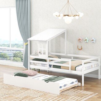 IGEMAN Twin Size Low Profile Loft House Bed Platform Bed Frame with Removable Trundle / Roof / Window / Horizontal Slats Guardrails