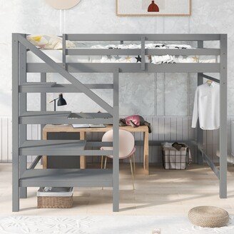 IGEMAN Full Loft Bed with Built-in Storage Staircase & Hanger for Clothes