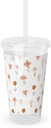 Travel Mugs: Wild Flowers - Boho - Neutral On White Acrylic Tumbler With Straw, 16Oz, Pink