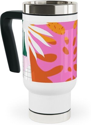 Travel Mugs: Palm Leaves Patchwork Summer Collage - Multi Travel Mug With Handle, 17Oz, Multicolor