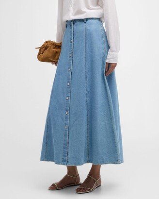 Spence Button-Front Denim A-Line Maxi Skirt