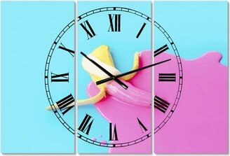 Designart Pink and Blue Banana Large Modern 3 Panels Wall Clock - 23 x 23 x 1