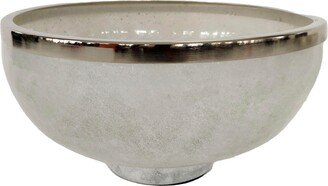 8Hx 13 Diameter, White Glass Bowl with Silver Ring Deco, Decorative and Functional for Centerpieces, Fruit, or Serving