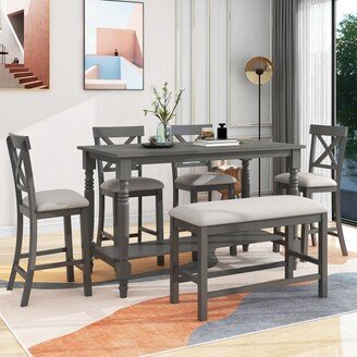 6-Piece Wood Dining Table Set Table with Shelf Table Chair and Bench