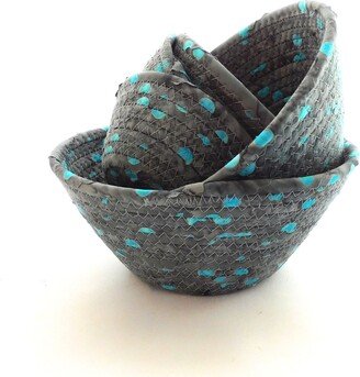 Gray & Aqua Bowls/Coiled Fabric Cotton Pottery Basket Gift Idea