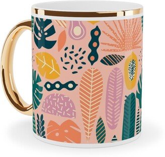 Mugs: Hawaii Floral - Pink Ceramic Mug, Gold Handle, 11Oz, Multicolor