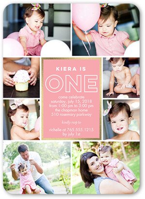 Baby Girl's 1St Birthday Invitations: Modern Wishes Girl Birthday Invitation, Pink, Matte, Signature Smooth Cardstock, Rounded