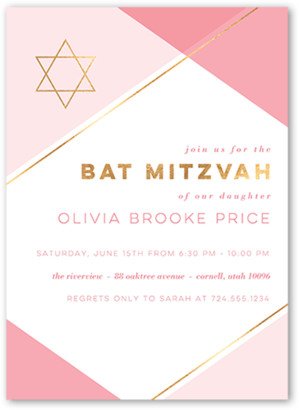 Bar/Bat Mitzvah Invitations: Diagonal Color Bat Mitzvah Invitation, Pink, 5X7, Pearl Shimmer Cardstock, Square