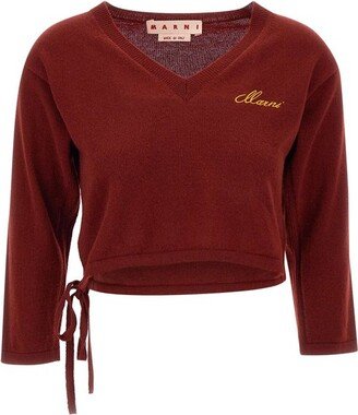 Logo Embroidered V-Neck Cropped Jumper