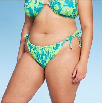 Women's Adjustable Coverage Bikini Bottom Blue/Green Tropical Print