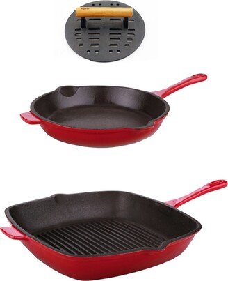 Neo Cast Iron Fry Pan, Grill Pan and Slotted Steak Press, Set of 3 - Red, Black