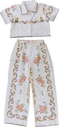 Sugar Cream Vintage Vintage Floral Embroidered Crop Top & Pants Set With Blanket Stitch Border