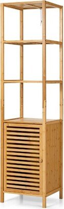 4 Tiers Bamboo Bathroom Storage Floor Cabinet Tower Corner Rack w/ Louvered Door