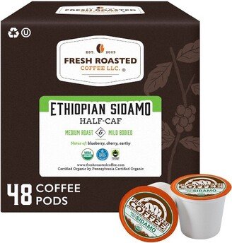 Fresh Roasted Coffee - Organic Ethiopian Sidamo Half Caf Medium Roast Single Serve Pods - 48CT