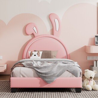 EDWINRAY Twin Size Upholstered Leather Platform Bed with Rabbit Ornament, Pink