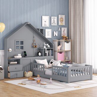 Joliwing Twin Size House Kid Bed,Floor Bed with Drawers/Sockets/USB Port,Grey