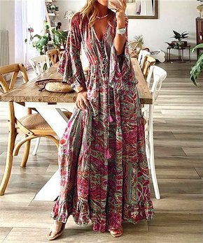 Red & Green Abstract V-Neck Maxi Dress - Women