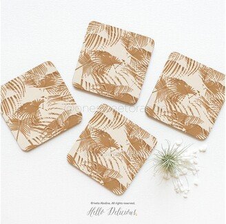 Tropical Coaster Set Of 4 Palm Leaves Cork Coasters Modern Leaf Line Art Gift For Mom 78