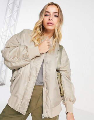 satin longline bomber jacket in stone