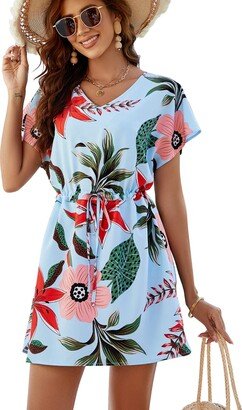 Bluetime Women Summer Dresses Waist Drawstring Beach Floral Print Sundress Casual Loose V-Neck Boho Dress (M