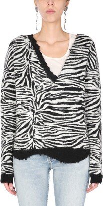 Zebra Patterned V-Neck Sweater-AA