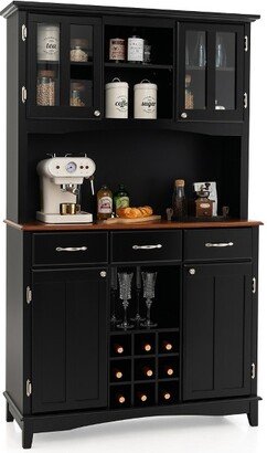 Buffet And Hutch Kitchen Storage Cabinet Cupboard w/ Wine Rack & Drawers Black