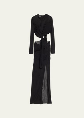 Transparent Crepe Evening Dress with Cutout Detail