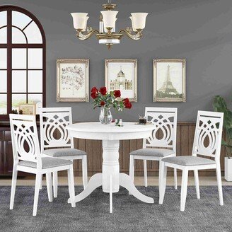 5-Piece Extendable Round Dining Table Set with 4 Upholstered Dining Chairs , White