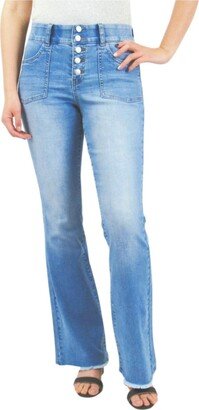 Indigo Poppy Postpartum Light Wash Five Button Bootcut Jeans with Back Flap Pockets