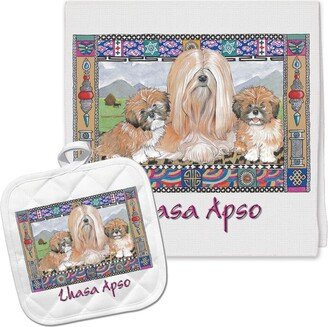 Lhasa Apso Kitchen Dish Towel & Pot Holder Gift Set-AA